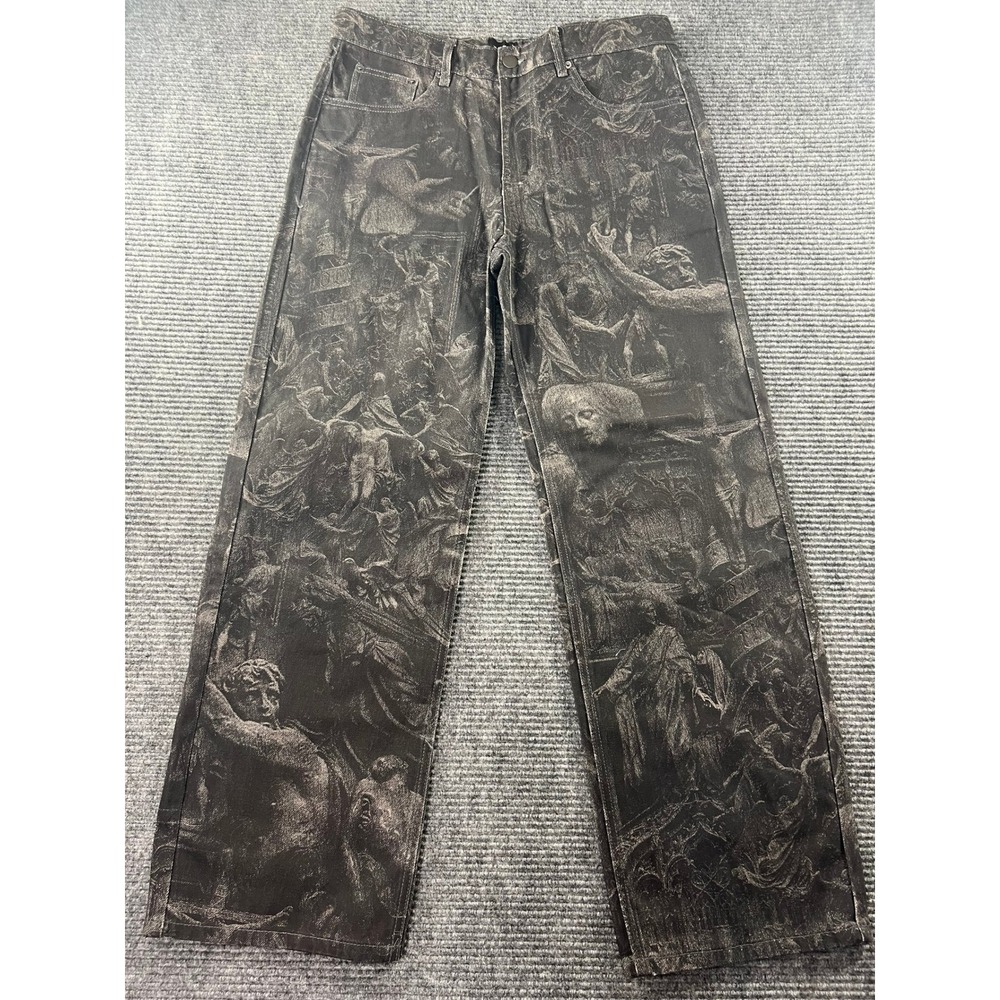 Mens Renaissance Graphic Print Jeans Mens 32 Straight Leg Faded Black Denim
